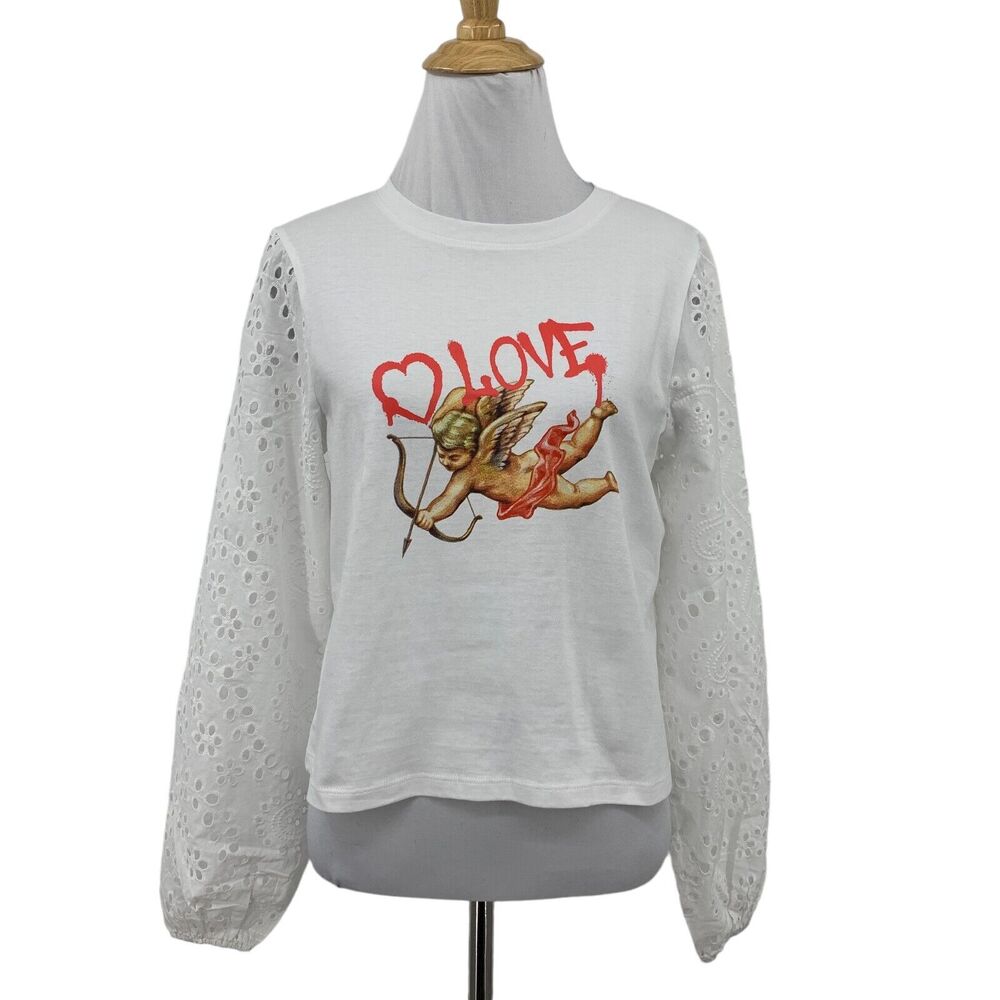 So Shirt Women S Small White Cherub Angel Cupid Love Eyelet Sleeves Elastic Cuff